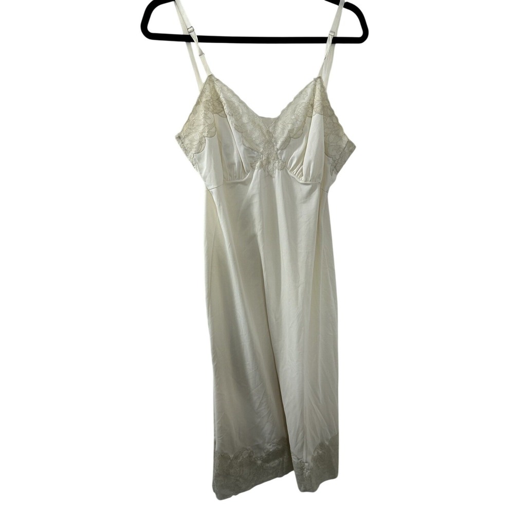 Vintage Lace Trim Full Slip Dress M Off-White Adjustable Strap‎ Coquette Bridal